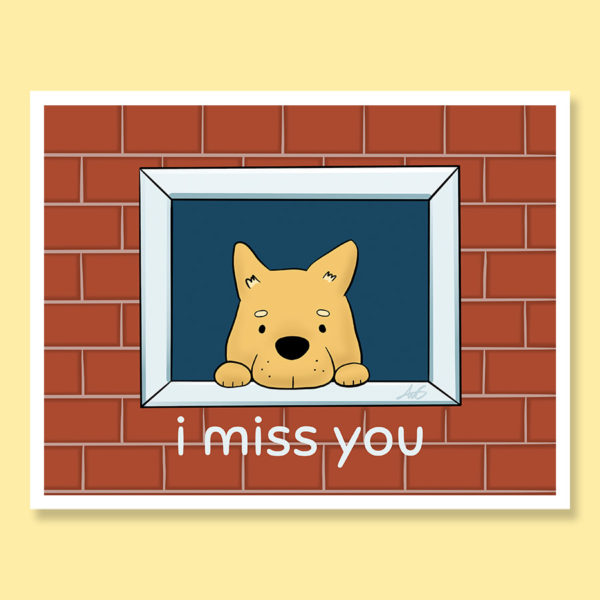 Curious cute puppy peeking out window waiting i miss you brick greeting card