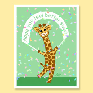 Sweet cute happy cheery giraffe smiling confetti banner get well feel better soon greeting card