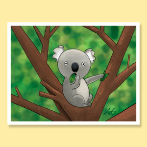 Cute funny kooky koala eating eucalyptus leaves with jaw dropping greeting card